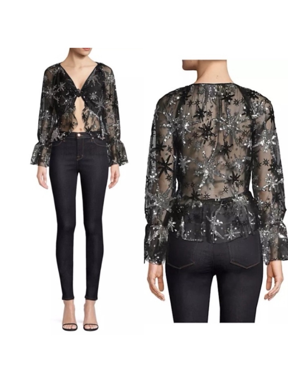 For Love And Lemons Black Sheer Stardust Sequin Tie-Front Blouse